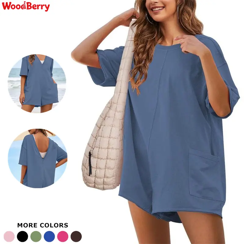 Woodberry Women's Cotton Maternity Oversized Romper - Minimalist Basic Plain Round Neck Casual Athletic Jumpsuit for Gym, Summer Workout, Pregnancy Activewear, Maternity Clothes, Rompers For Women, Maternity Clothing