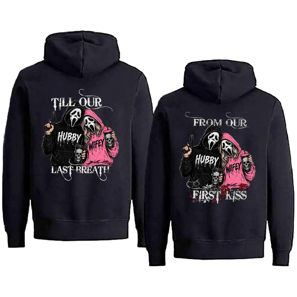 Hubby Wifey From Our First Kiss Till Our Last Breath Couple Matching Hoodies Casual Pullover Hooded Sweatshirt Tops Trendy for Women for Men