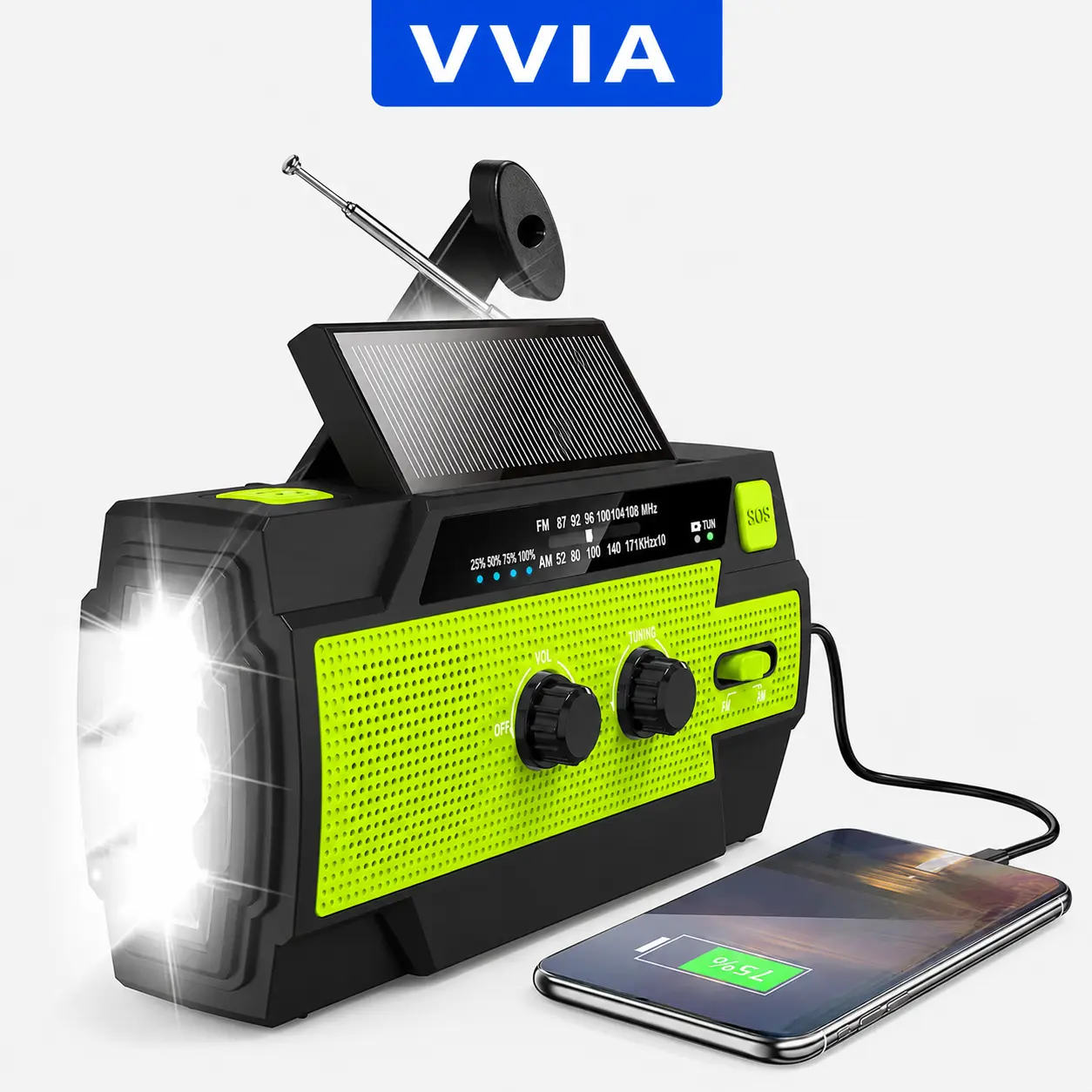 Multifunctional 4000mAh Emergency Crank Radio, Solar Powered Hand Crank Radio with Flashlight & Motion-sensor, Portable Rechargeable AM/FM Weather Radio Flashlight, Cell Phone Charger, and SOS Alarm