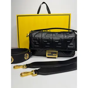 Pre-owned FENDI LEATHER Shoulder Bags Nappa FF 1974 Embossed Baguette Black