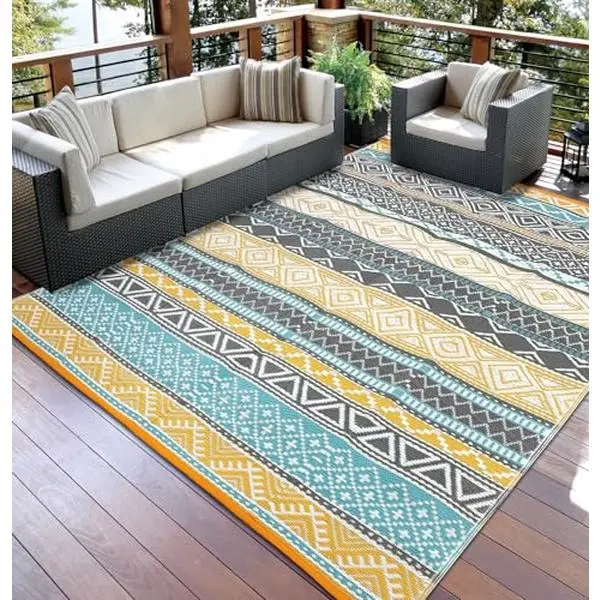 9x12in Plastic Outdoor Geometric Rug, Modern Reversible Foldable Lightweight Waterproof Stain-Resistant Mat for Camping, RV Porch All-Weather Use