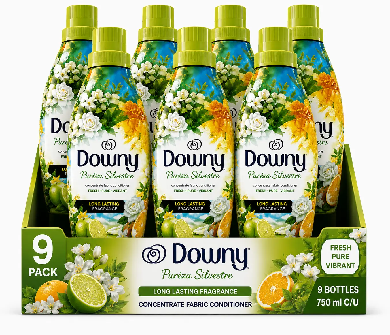 Downy Pureza Silvestre Concentrated Fabric Conditioner, 9 Pack, 750 ml Bottles, Long-Lasting Citrus & Floral Freshness