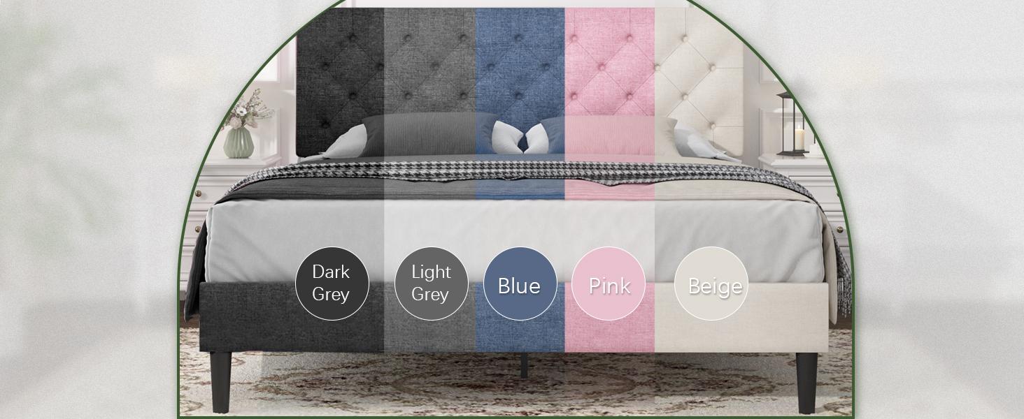 HOMBCK Bed Frame with Headboard, No mattress, Wood Slat Support, Button Tufted, Mattress Foundation, No Box Spring Needed