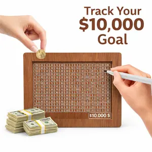 Wooden Savings Box with Bill and Coin Slot – 10,000 Dollar Goal Chart for Personal Finance & Saving Motivation
