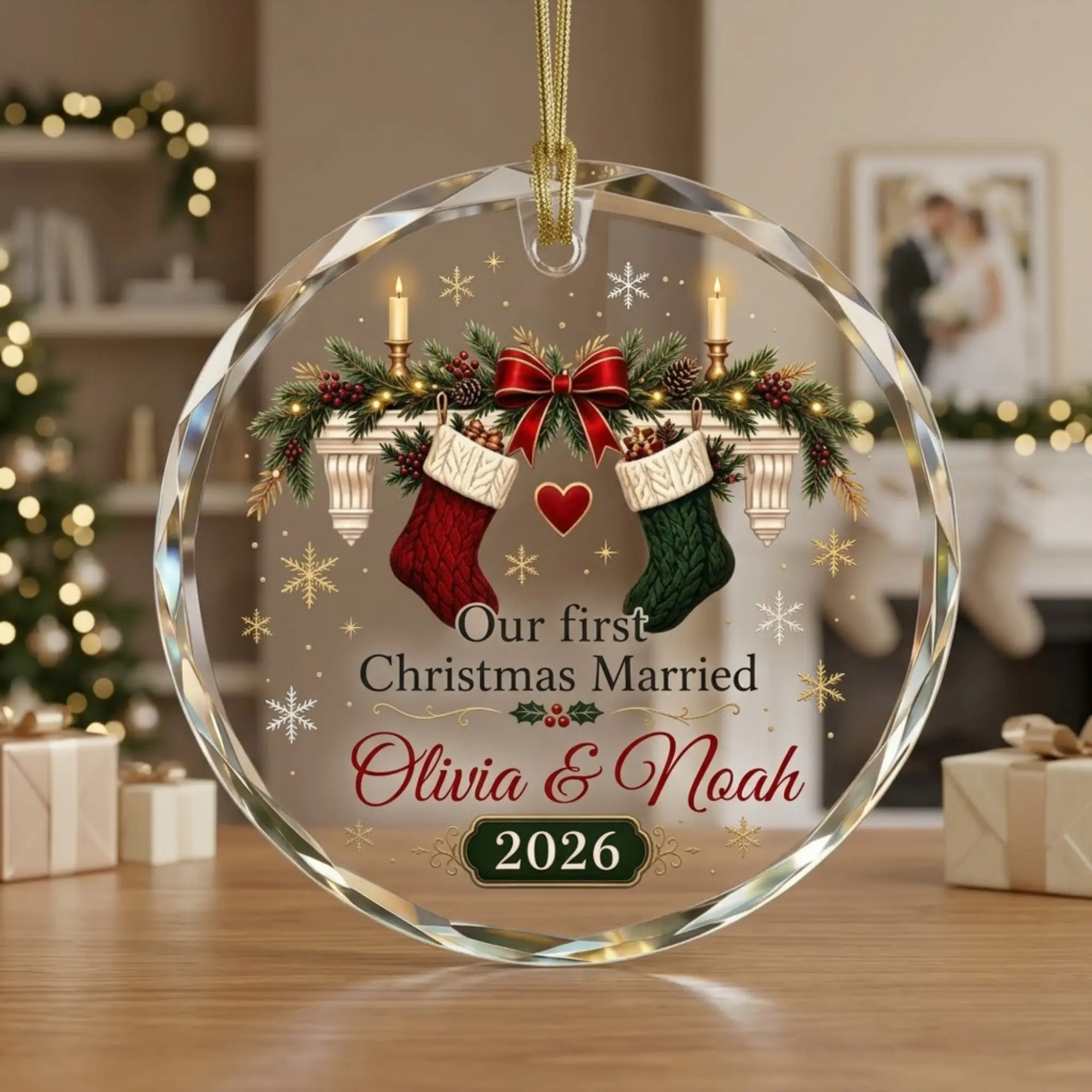 Our First Christmas Married Ornament, Personalized Couple Names, Cozy Stocking Fireplace Design, Newlywed Memory, Holiday Wedding Gift