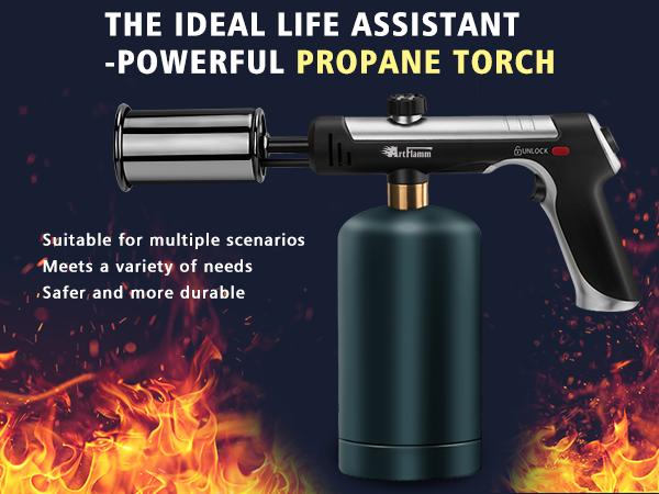 Powerful Propane Torch(Propane Tank Not Included),With One-Touch Max Fire Button and Safety Lock, Adjustable Blow Torch for Sous Vide Searing Steak, BBQ,Fireplace,Charcoal Wood，Excellent Gift for New Year