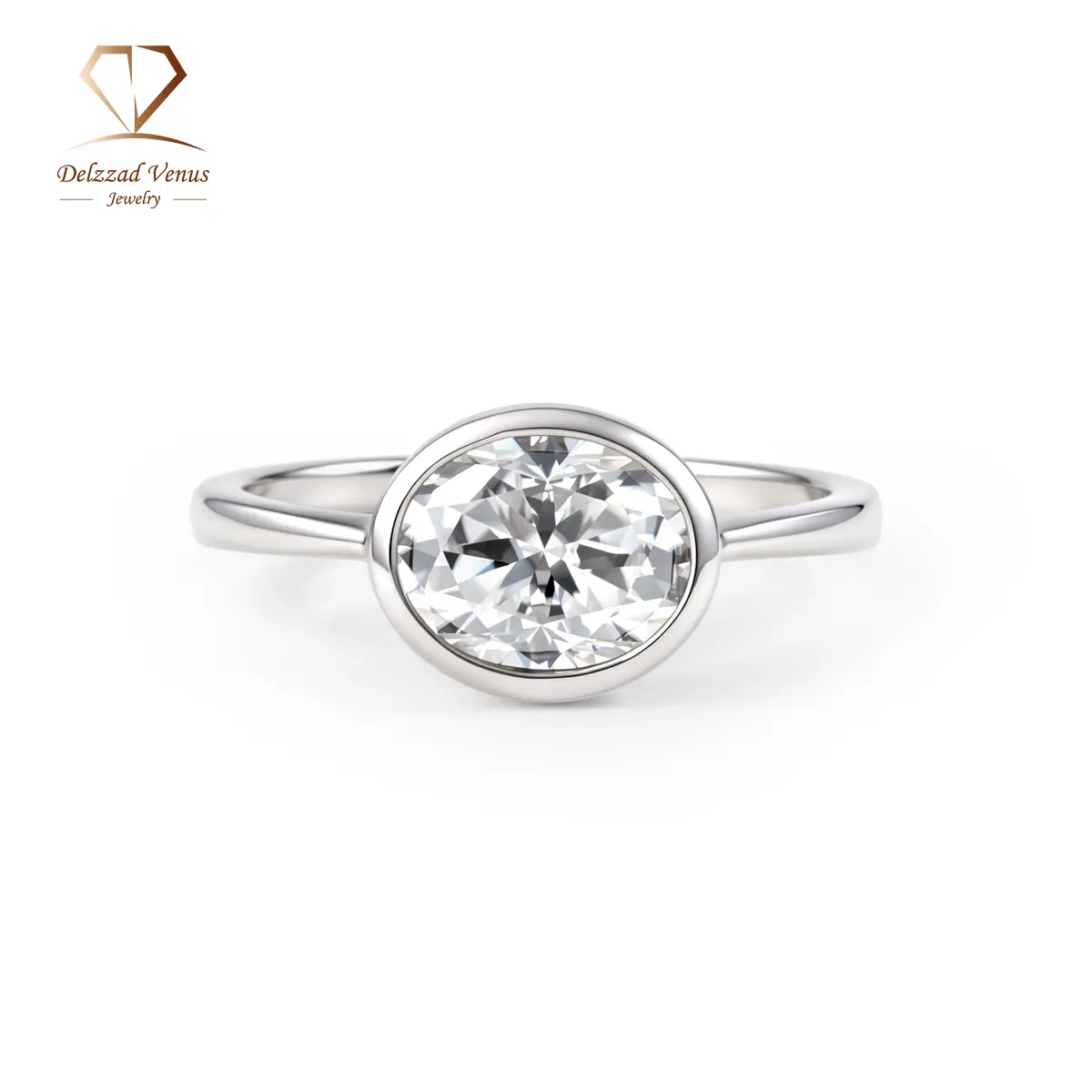 Delzzad 2ct Lucid Moon Ring East to West Oval Bezel Engagement Ring Band VVS Synthetic Moissanite Ring Jewelry Copper Band Perfect Birthday Engagement Wedding Anniversary Christmas Valentine's Day Mother's Day Gift