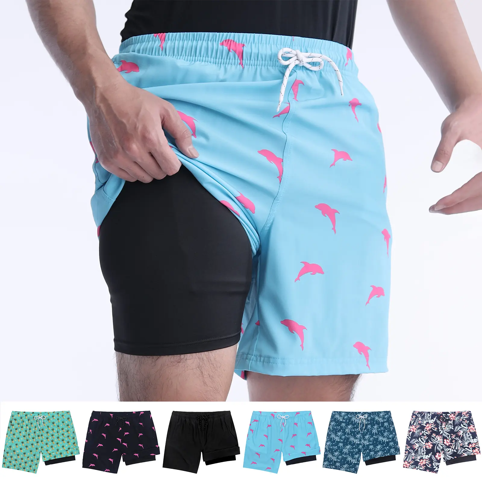 Men's Sporty Chic 2-in-1 Lined Tropical Print Quick-Dry Elastic Waist Beach & Pool Swim Trunks