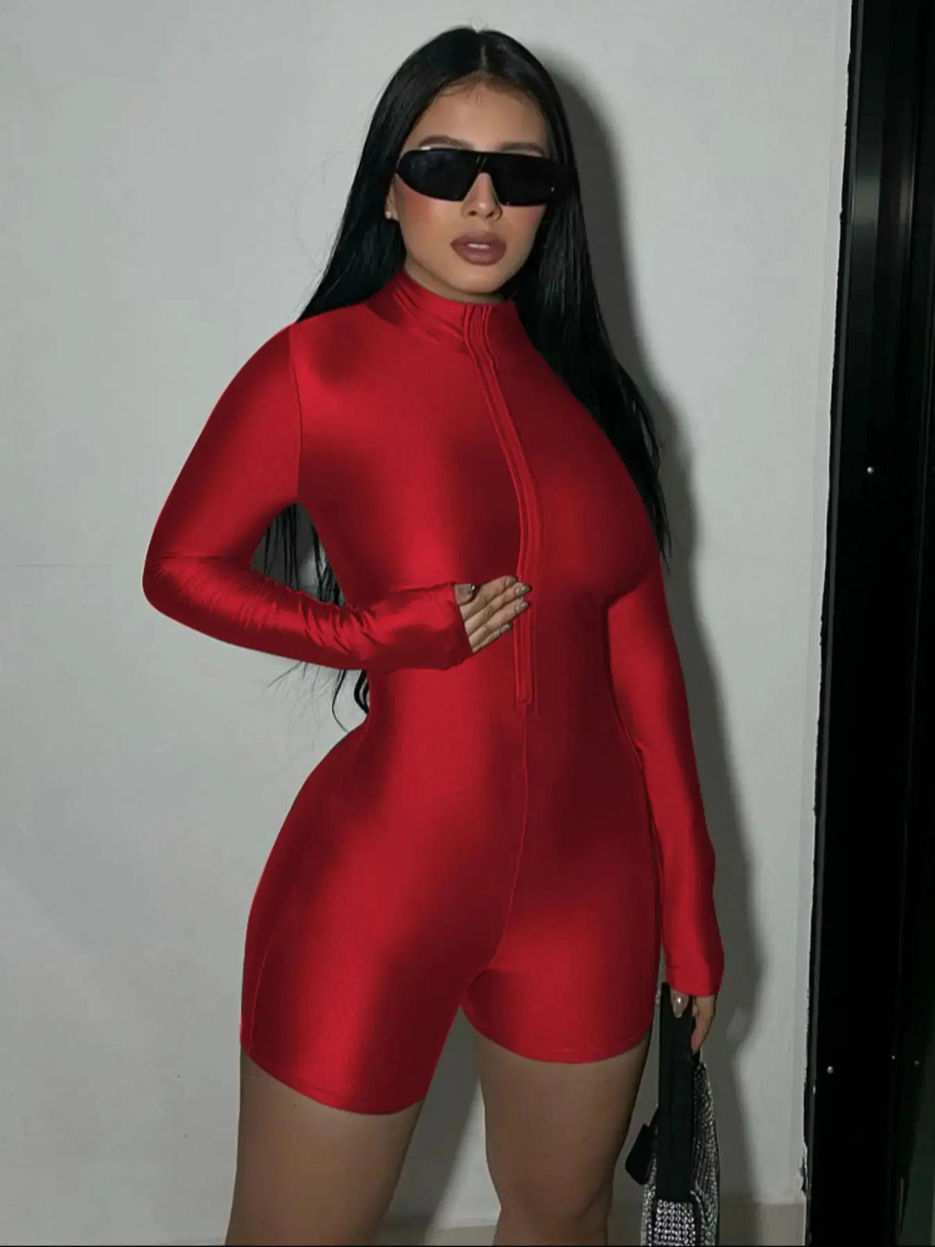 Women Solid Zip Up Mock Neck Bodycon Romper Casual Long Sleeve Jumpsuit for Fall Winter Daily Wear Stretchy Comfortable One Piece Outfit
