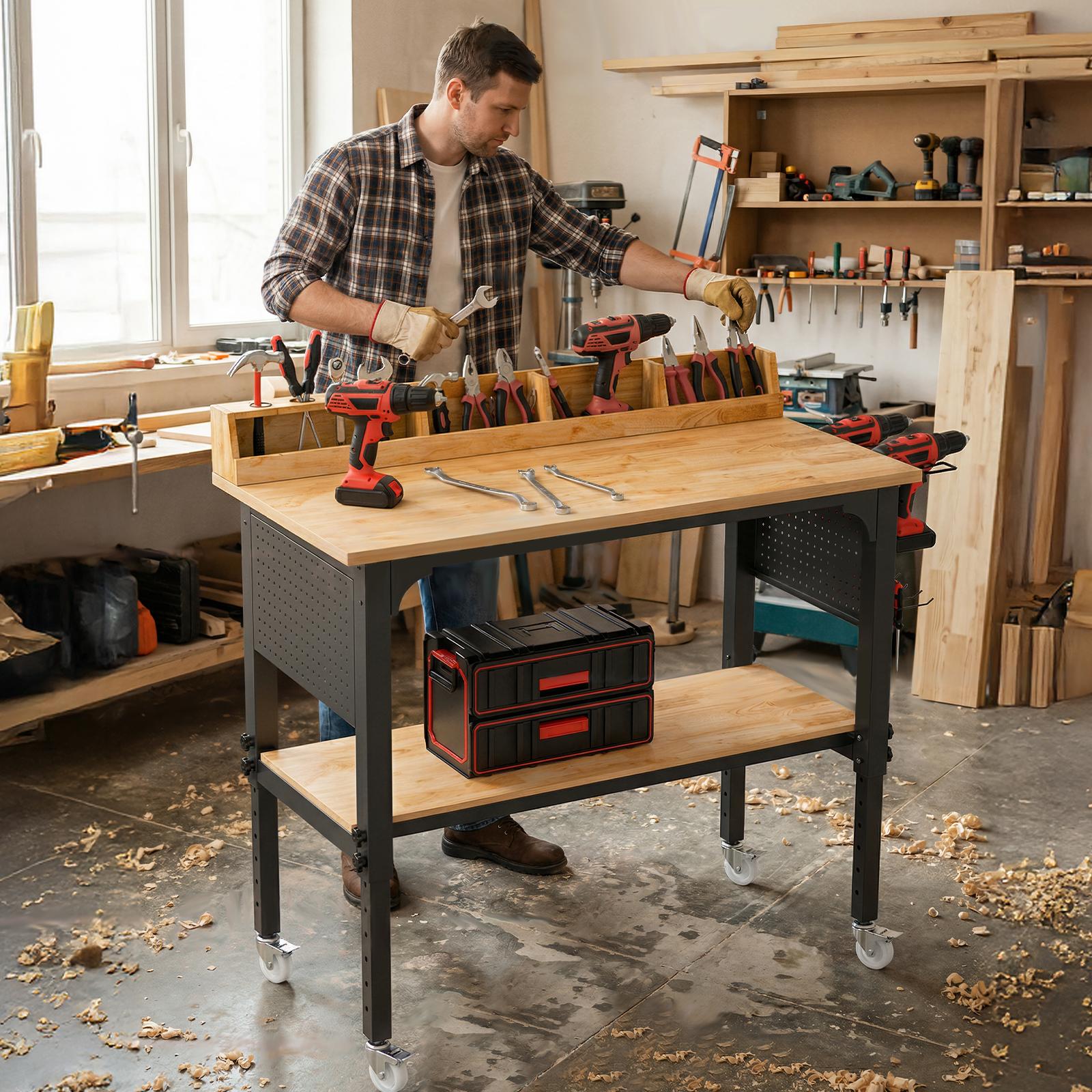 48'' Workbench Adjustable Height with Storage, Heavy Duty 2200 LBS Load Capacity Work Table with Pegboard, Power Outlet and Wheels, Work Bench for Workshop, Garage, Office, Commercial, Home