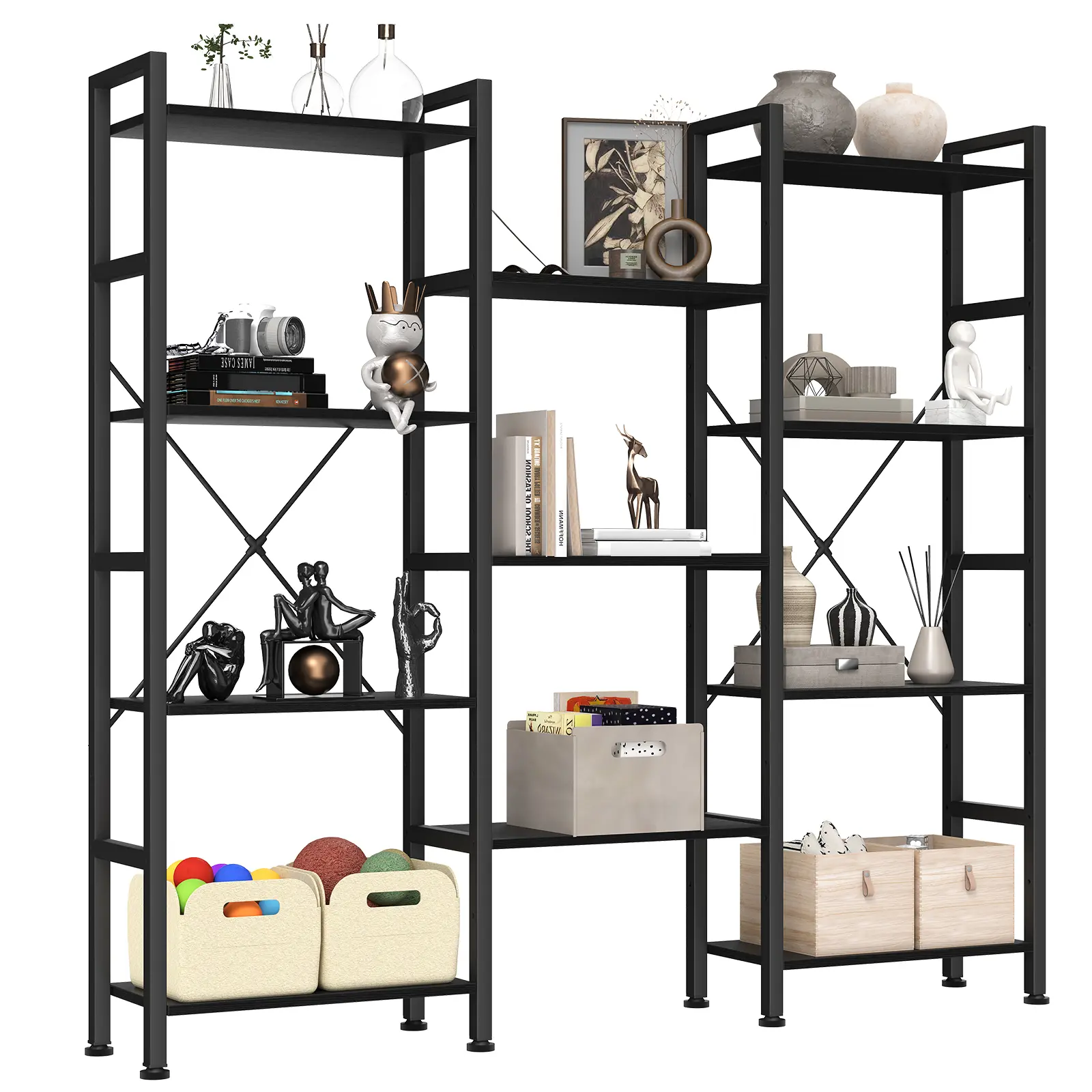 Triple 4-Tier Bookshelf with 11 Open Display Shelves, Adjustable Storage Bookcase for Home & Office, Sturdy Steel Frame and Wood Construction, Anti-Tip and Adjustable Feet