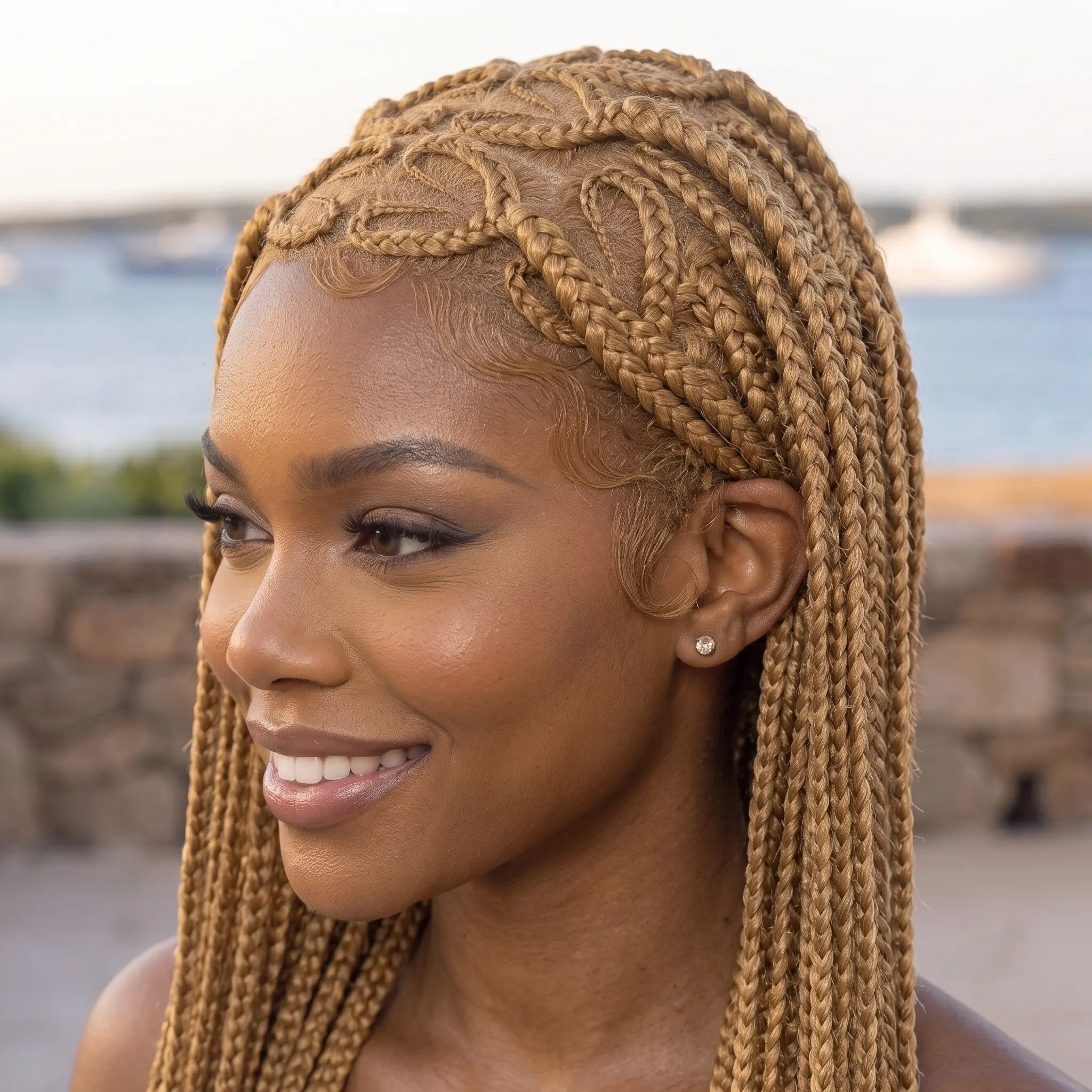 36 Inch Honey Brown Heart Part Braided Wig Synthetic Full Lace Wig for Women Knotless Box Braids Cornrow Braids Unique Heart Design Protective Style