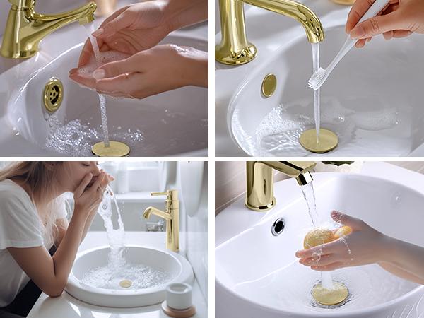 Hibbent Universal Bathroom Sink Stopper 2 in 1 Pop Up Metal Sink Drain Strainer with Hair Catcher, Fit for 1.1~2.36" Sink Basin Hole, Not for Bathtub, Big Cover Cap, Anti-clog, Brushed Gold