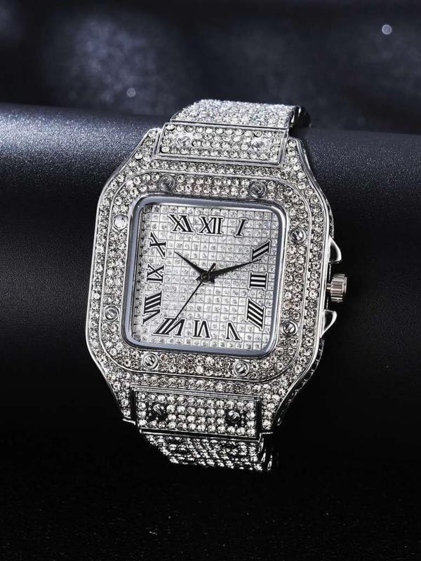 A square-shaped men's quartz watch featuring a starry sky design on the dial, stainless steel strap, diamond embellishments, and Roman numerals, Diamond Wrist Watch