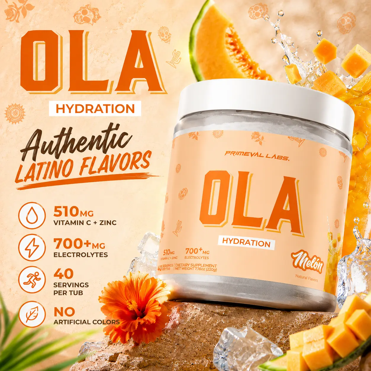 Primeval Labs OLA Hydration | Electrolyte Powder Drink Mix | 700mg+ Electrolytes | Vitamin C + Zinc | 40 Servings