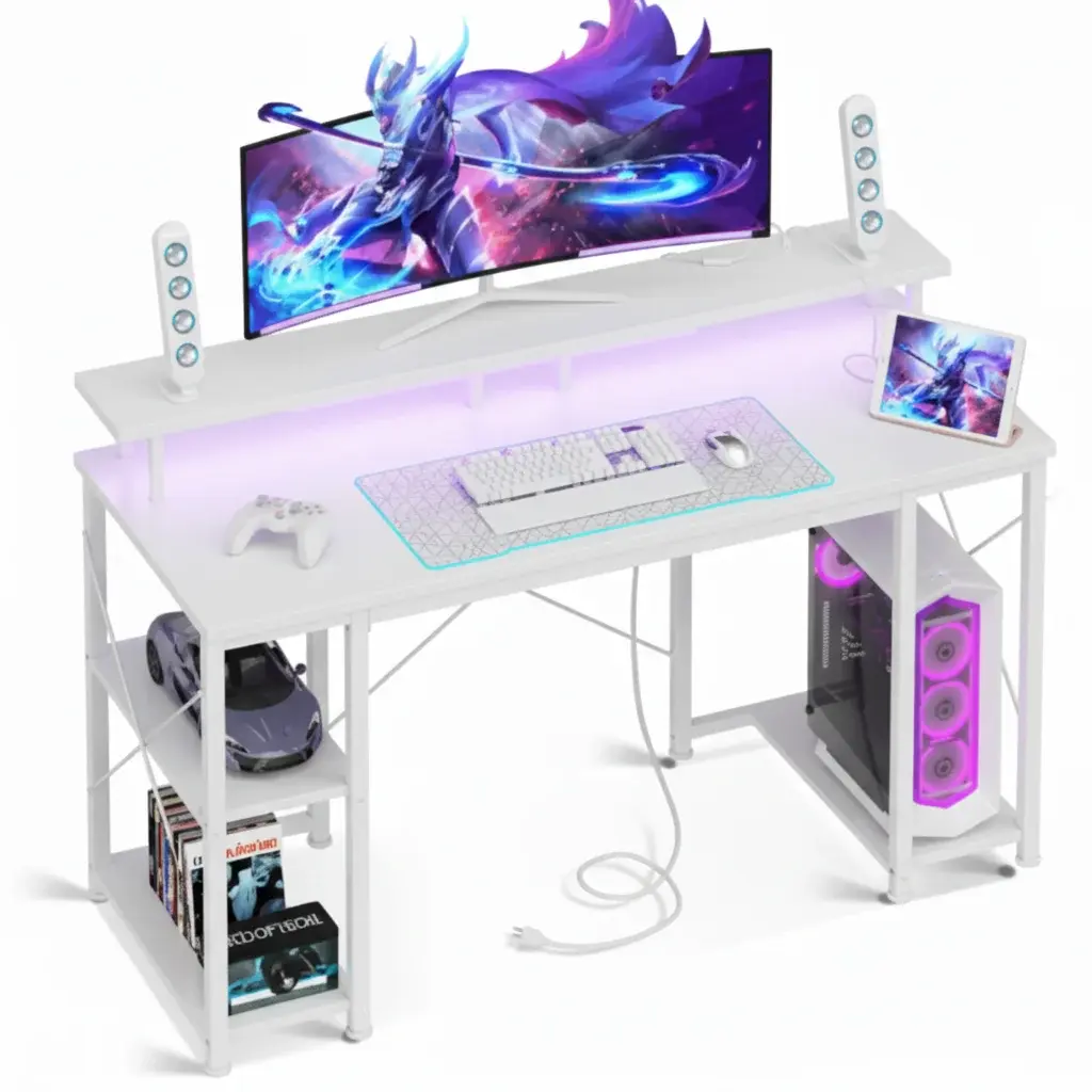 48-inch gaming table, equipped with LED lighting and power socket, featuring monitor stand, application control device and headphone hook