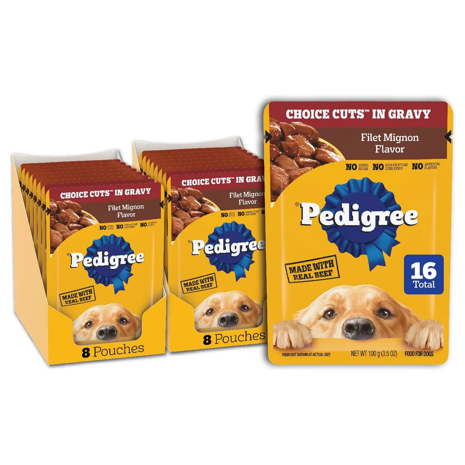 Pedigree Choice Cuts Wet Dog Food Pouch, Filet Mignon, 3.5 oz, 16 Count Real beef, steam cooked, 50%+ water for hydration, serve as topper or complete meal, 100% complete & balanced