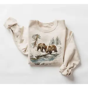 Retro Grizzly Wilderness Scene Sweatshirt -90s Retro Brown Bear Set - Bohemian Unisex Round Neck Sweatshirt