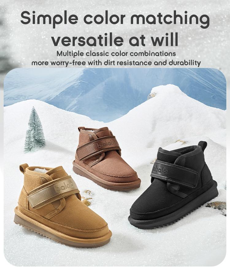 Balabala Winter Short Snow Boots Warm Plush Fleece Lining Anti-Slip TPR Sole Easy Velcro Water-Repellent Suede Stylish Cozy