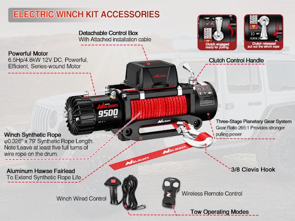 Nilight Electric Winch 12V Waterproof IP68 Towing Winches for Trailer Jeep ATV UTV Truck SUV 9500 LBS Portable Badlands Winch with Synthetic Rope Hawse Fairlead Wired Handle Wireless Remote Red Rope