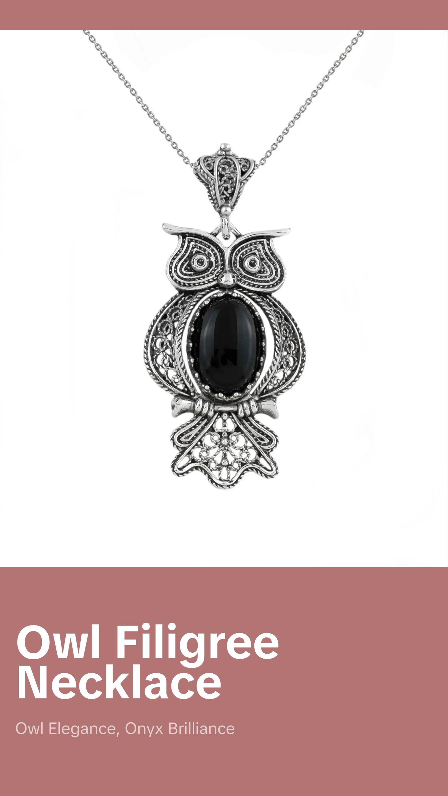 Filigree Art Owl Figured Black Onyx Gemstone Women Silver Pendant Necklace