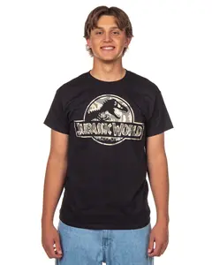 Jurassic World Men's T-Shirt Camo Filled Logo Design Adult Short Sleeve Crewneck Tee (Medium)