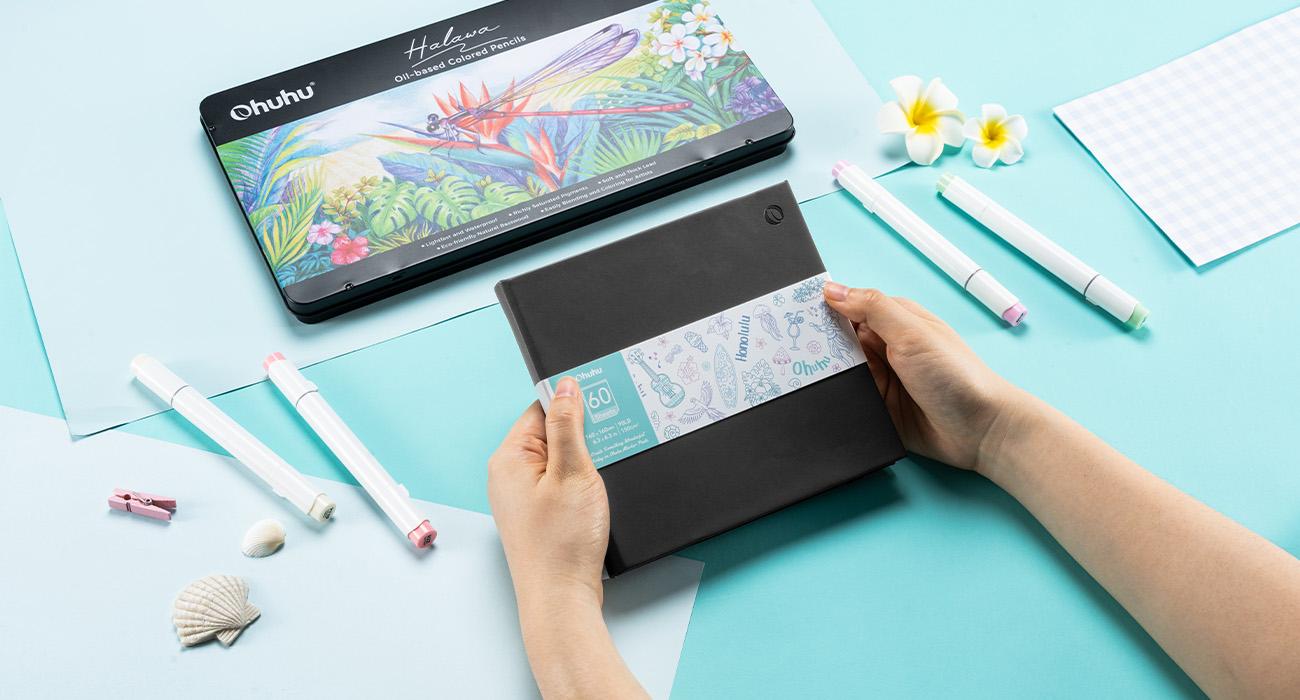 Ohuhu Double-Sided Marker Pad Art Sketchbook: 6.3"x6.3" Mini Sketchbook - 90 lb/150 gsm Smooth Drawing Paper - 60 Sheets/120 Pages  Bleedproof - Hardcover Sketching Book for Alcohol Markers - Double-Sided Marker Pad PU Series of Ohuhuart