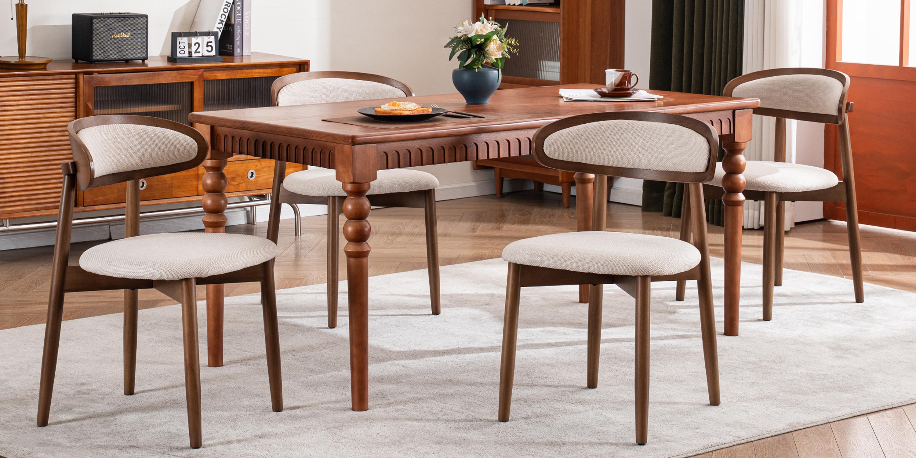 RIMIKING Upholstered Wooden Dining Chair （1 carton 2pcs）, Breathable Fabric Seat, Curved Back Design, Sturdy Rubberwood Legs,6870