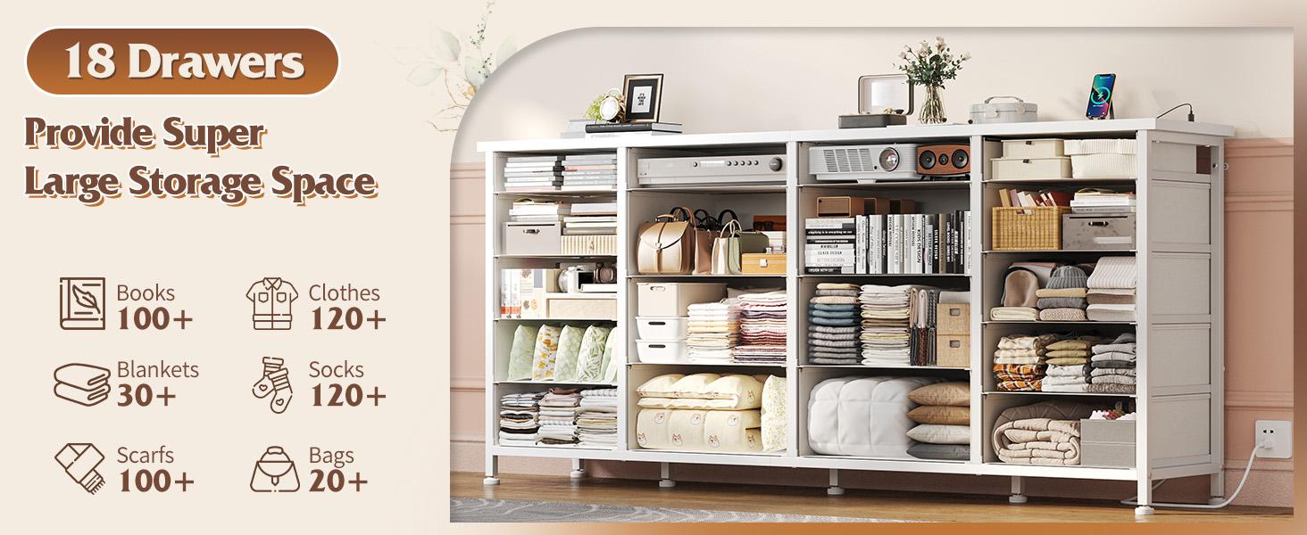 RaybeeFurniture 63" W 18 Drawers Dresser, with LED Lights & Power Outlets, Long Dresser for 65" TV Stand for Bedroom, Large Fabric Dressers & Chests of Drawers for Bedroom, Sturdy Metal Frame