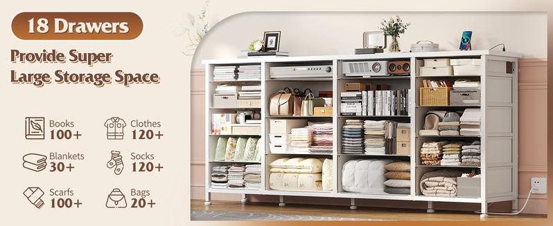 RaybeeFurniture 63" W 18 Drawers Dresser, with LED Lights & Power Outlets, Long Dresser for 65" TV Stand for Bedroom, Large Fabric Dressers & Chests of Drawers for Bedroom, Sturdy Metal Frame