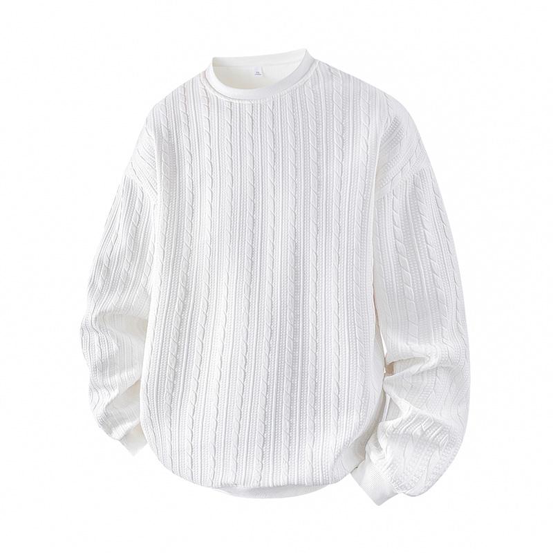 Men's Jacquard Cable Knit Round Neck Sweatshirt, Solid Color Casual Loose Long Sleeve T-Shirt, Made from High-Quality Fabric, Comfortable Base Shirt, Suitable for Home Wear and Everyday Use, Plus Size Sports T-Shirt