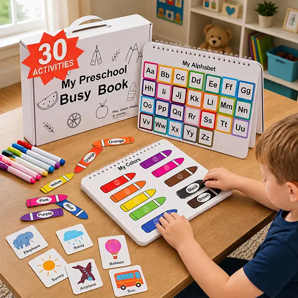 Mallify Montessori Busy Book 30 Activities for Kids, Interactive Learning Activities, Bilingual Toddler Markers, Travel-Friendly Busy Board,Back to School Gift for Preschool Kids, Teaching & Painting Supplies,  #backtoschool