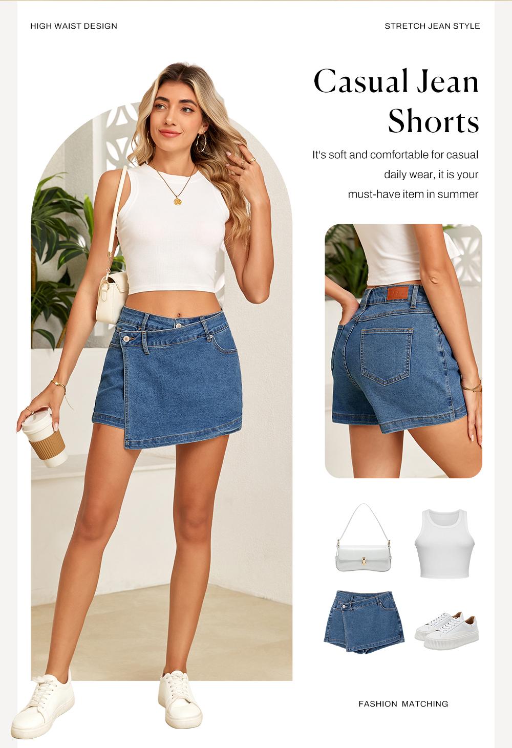 Sidefeel Skorts for Woman High Waisted Jean Skort Wrap Stretchy Asymmetrical Skorts Casual Denim Shorts DealsForYouDays summerwins WeeklyDeals