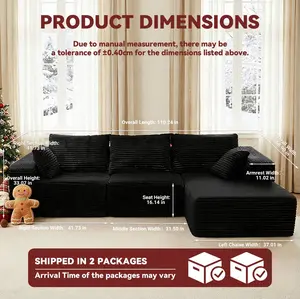 【2 Packages Shipping】Juvani 110" Plush Corduroy Cloud Velvet Modular Boneless Couch with Chaise 38cm High-Resilience Sponge, No Assembly Required - L/U-Shaped Sectional Sofa Set with Flexible Configuration - 110"W x 69"D x 33"H, 3 Seater