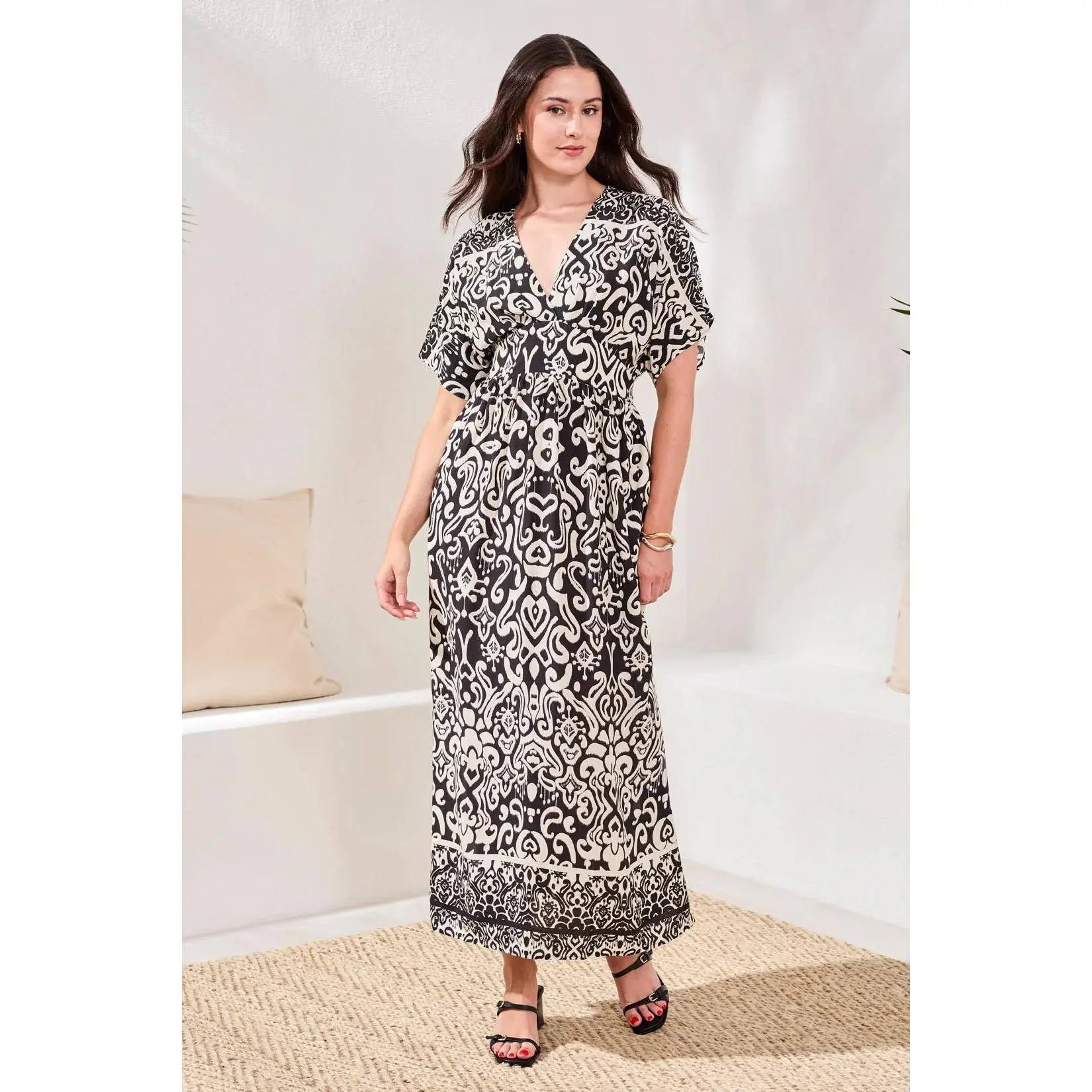 TRIBAL PRINTED SOFT CHALLIS V-NECK EMPIRE WAIST MAXI DRESS