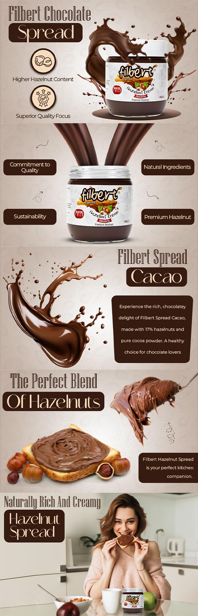 Filberts Premium Hazelnut Cream Chocolate Spread - Nutty Flavor, Healthier Option, Gluten-Free, Non-GMO, Halal & Kosher Certified, 400g Jar - Dip Creamy  Milk Natural