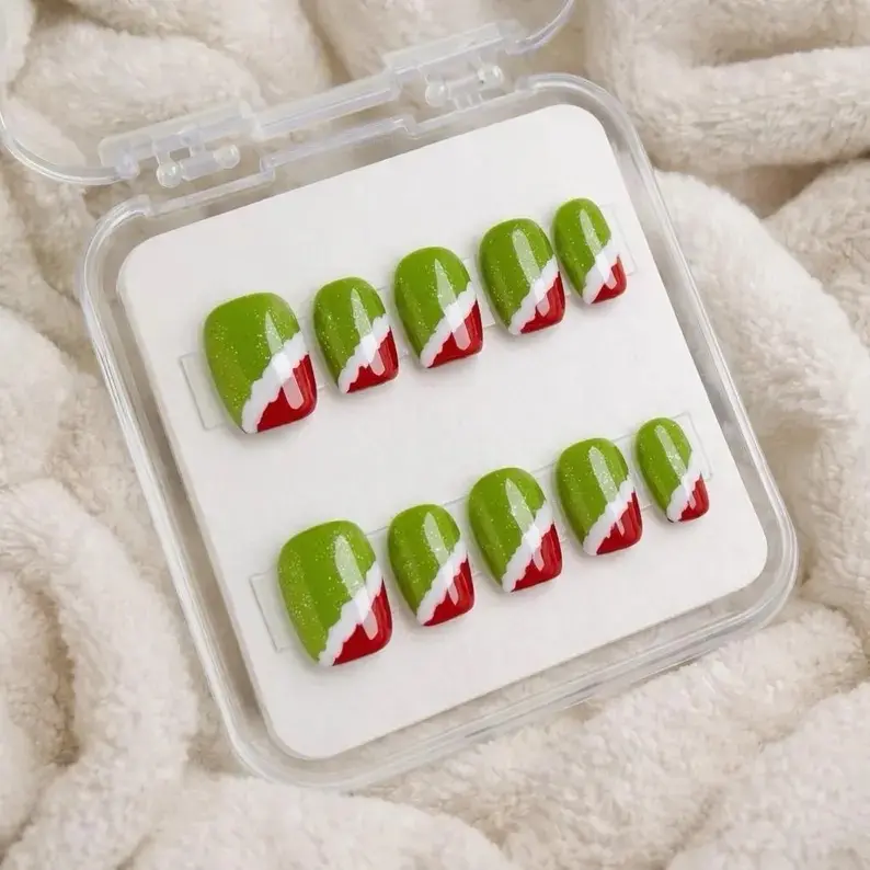 Grinch-Inspired Christmas Press On Nails | Green Red Holiday Glitter Nails