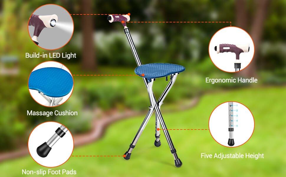 COSTWAY Walking Cane with Seat, Heavy Duty Aluminum Alloy Crutch Chair with LED Light and Retractable 3 Legs, Portable Anti-Slip Seat Cane, Lightweight Walking Stick for Seniors Elderly