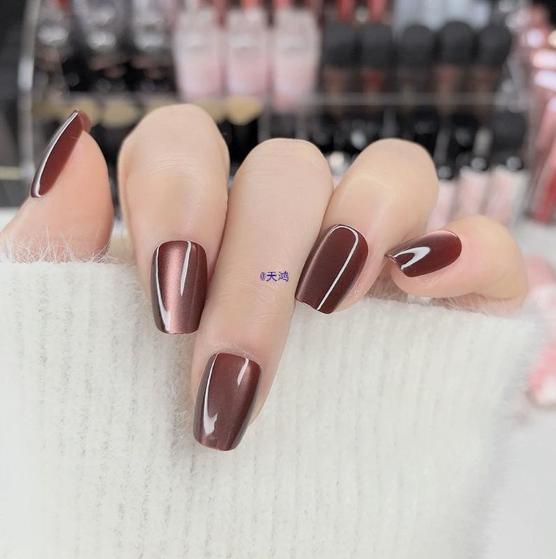 20 Pieces (2 sets) Gleaming Cat Eye Square False Tips Subtle Nude Pink Glossy Reusable Fake Stick on Nails Kit for Women