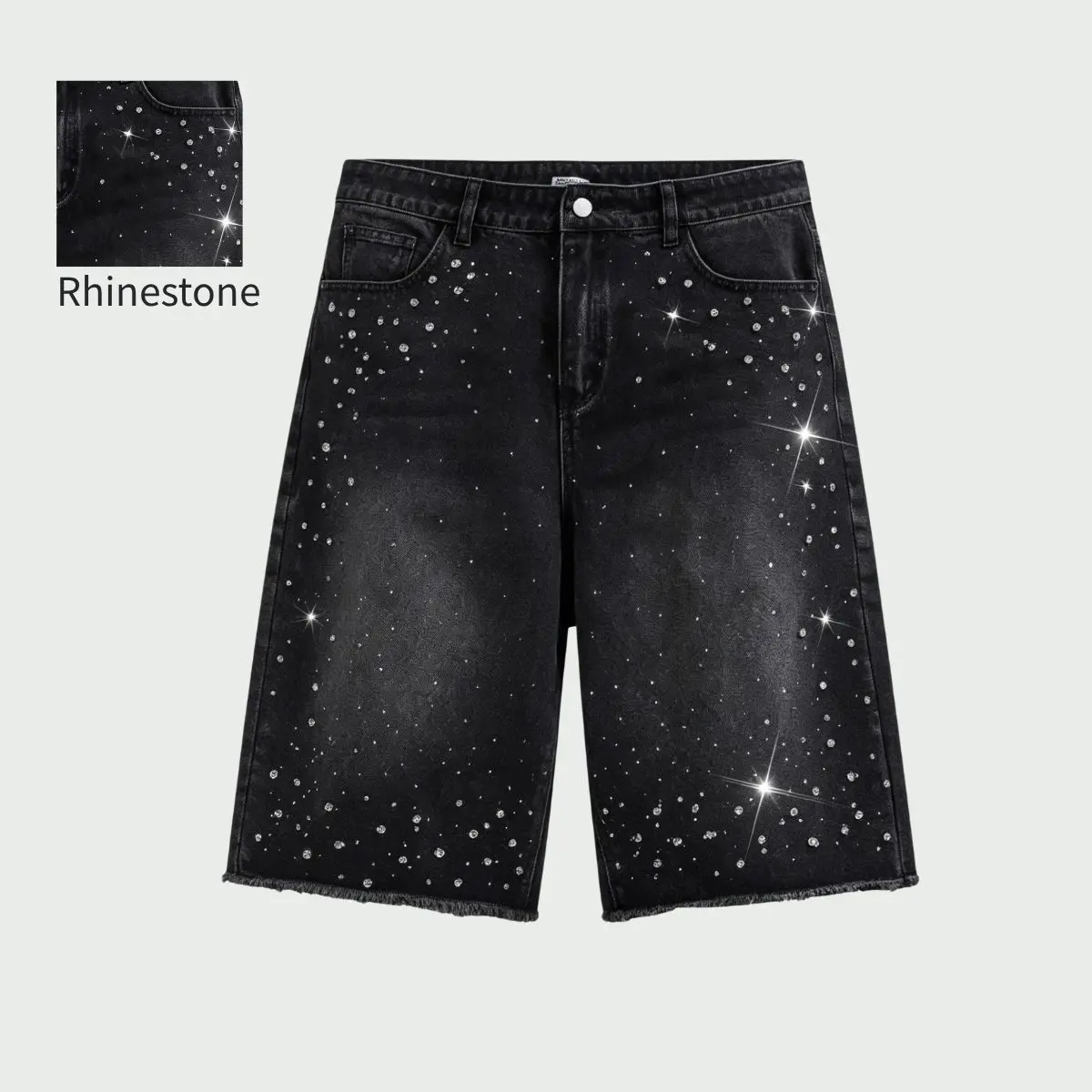 Men’s star-pattern heat-embossed rhinestone denim shorts, black/gray distressed finish, raw hem, high-street loose straight fit, mid-length shorts