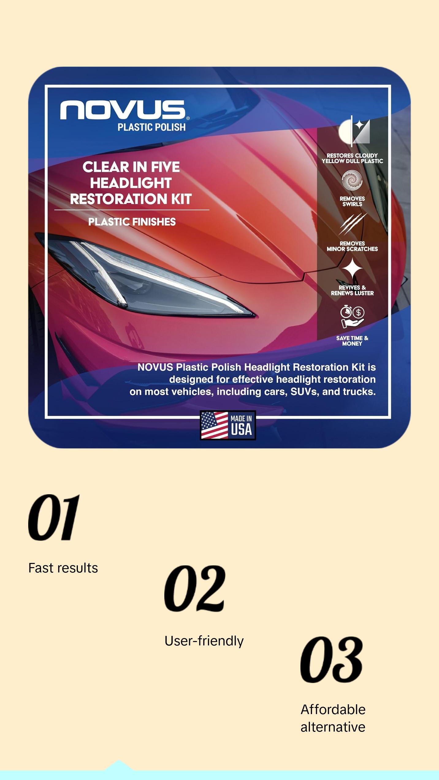 NOVUS Clear in Five Headlight Restoration Kit, Restoration for Car Headlights, 2 Ounce 1, #2, and #3 Bottles, Buffing Pad, Backing Pad Drill Attachment, 1,000 Grit Sanding Disk, 3 Polish Mates NOVUS Clear in Five Headlight Restoration Kit, Restoration for Car Headlights, 2 Ounce 1, #2, and #3 Bottles, Buffing Pad, Backing Pad Drill Attachment, 1,000 Grit Sanding Disk, 3 Polish Mates