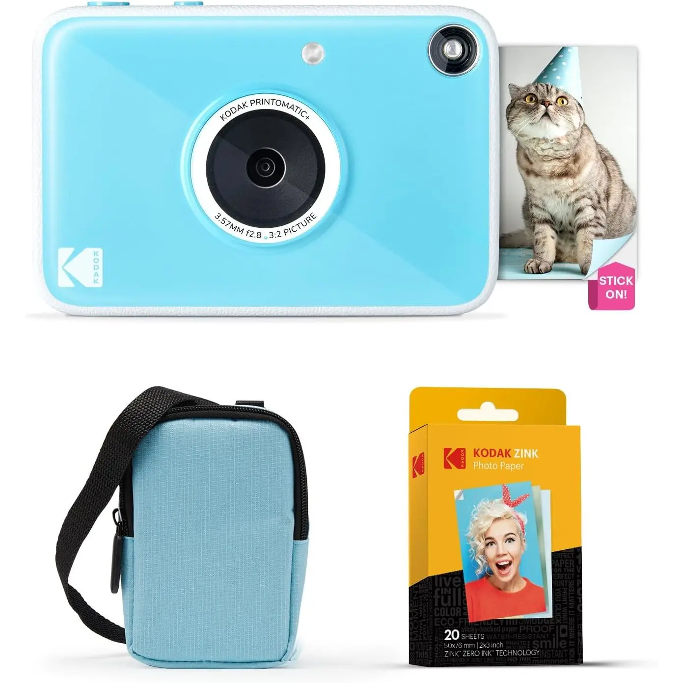 KODAK Printomatic+ Portable Handheld Instant Digital Print Film Camera Starter Bundle - Blue, Carrying Case, 20pk Zink Sticky-Back Paper, 10MP, Automatic Color Photos, RGB LED Indicator, 2 Batteries, for Party & Everyday Adventures, Zink 20Pk Sticky-Back