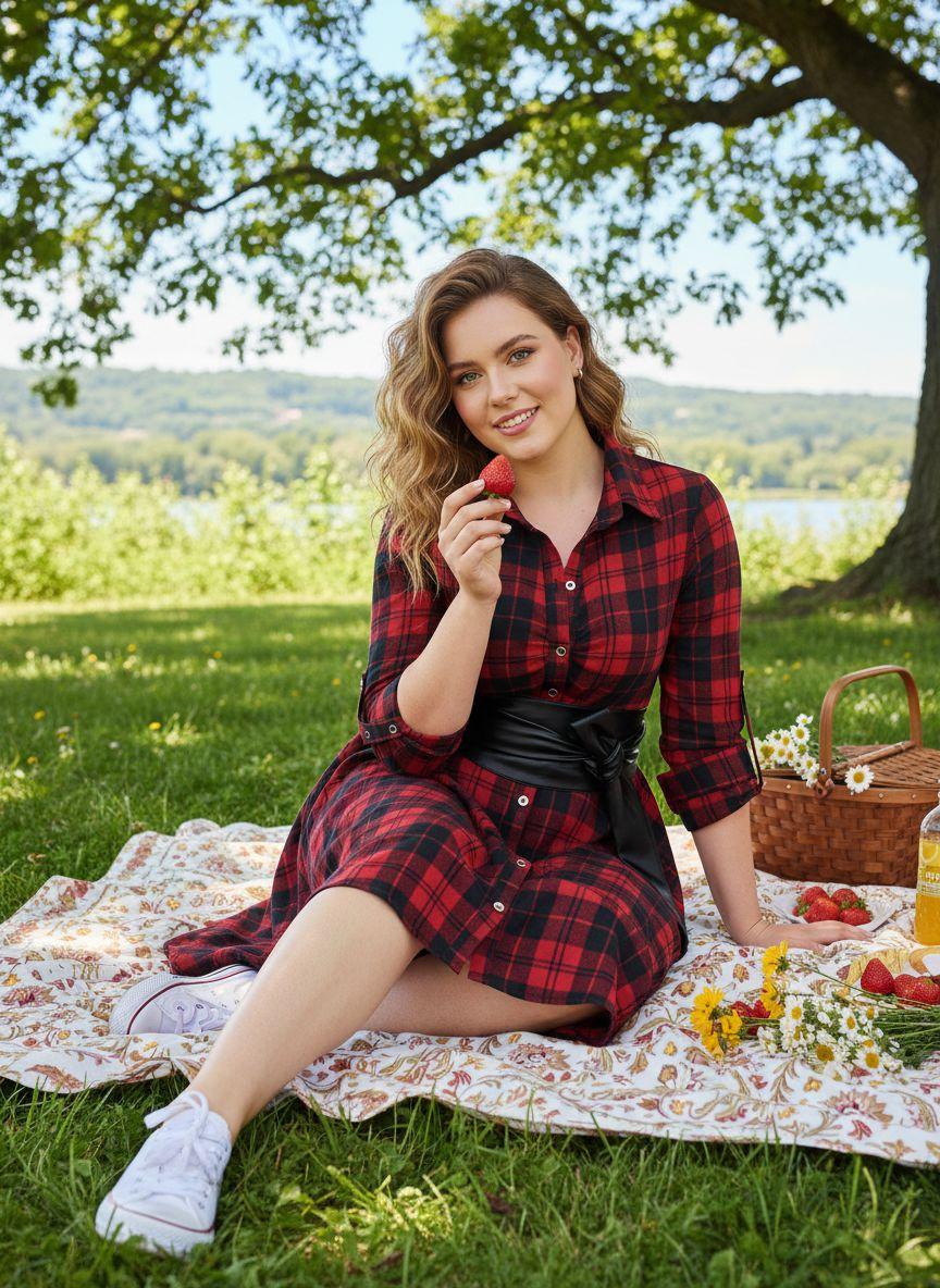 1950S 3/4 Sleeve Plaid Belt Dress Casual Outfits Women Collared Black Vintage Check Leather Womenswear