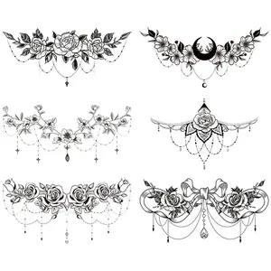 Chest Underboob Temporary Tattoos for Women Adult, 6 Pack Black Fake Realistic Large Long Lasting Creative Removable Tattoo Stickers, Sexy Rose Flower Tramp Stamp Sketch on Body Semi-Permanent Skull Floral cohesive Style Butterfly Lion Tiger Sleeve