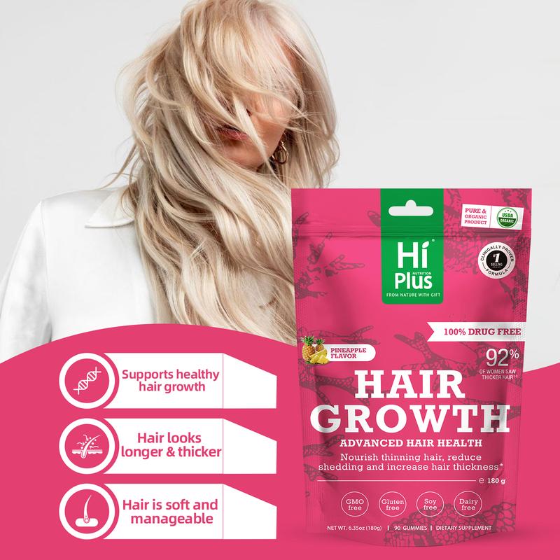 HiPlus Women's Balance Hair Growth Gummies Supplements, For Thicker, Fuller Hair, Nourishes Thinning & Loss, With Proprietary Collagen Complex,  Clinically Proven for Visibly Thicker Hair and Scalp Coverage, Dermatologist Recommended 90 Feminine Gummies
