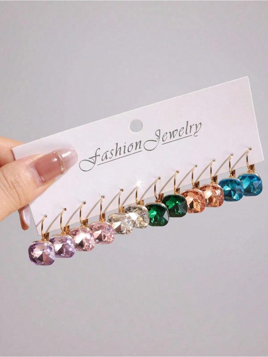 6 Pairs Colorful Glass Crystal Earrings, Elegant Glass Crystal Dangle Earrings, A Stylish Gift For Friends, For Daily Wear
