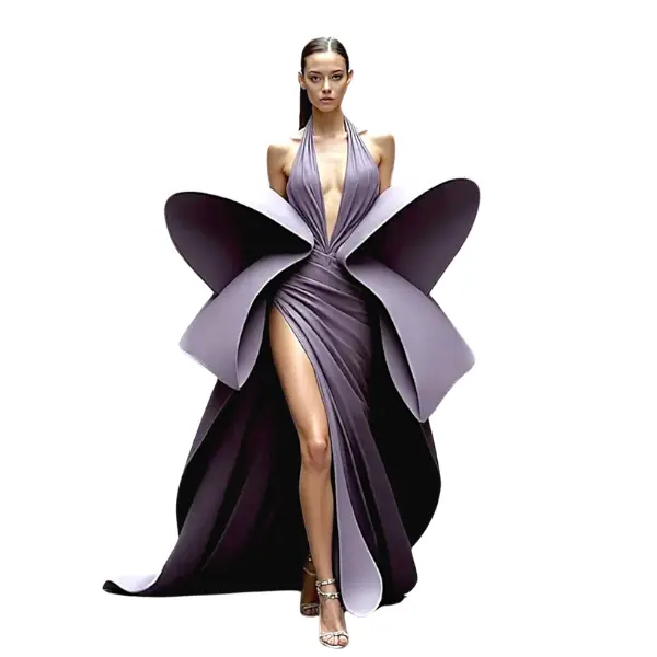 Auraelis Couture Butterfly Women's Evening Gown with Elegant Oversized Structured Detail and High Front Slit Unique Design for Special Occasions Summer Wear Solid Color Dry Clean Only