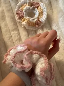 Handmade Crochet Flower Hair Ties – Puffy Scrunchie, Daisy Ponytail Holders- 2pk