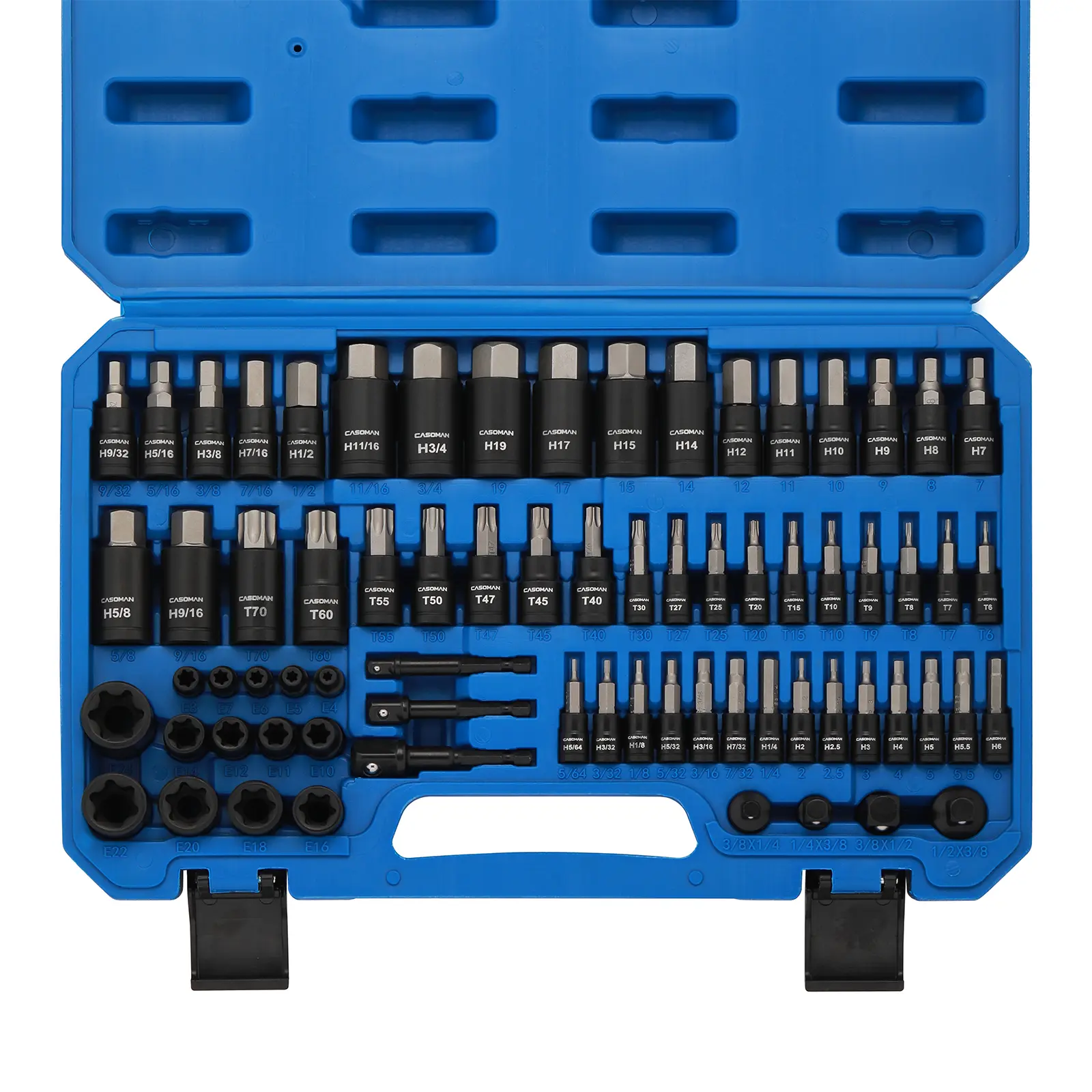 CASOMAN 71-Piece Master Hex & Torx Bit Impact Socket Set 1/4" 3/8" 1/2" Drive Metric SAE Hex Bit Sockets Star Bit Sockets T6 T70 E-Torx Sockets E4 E24 with Storage Case,