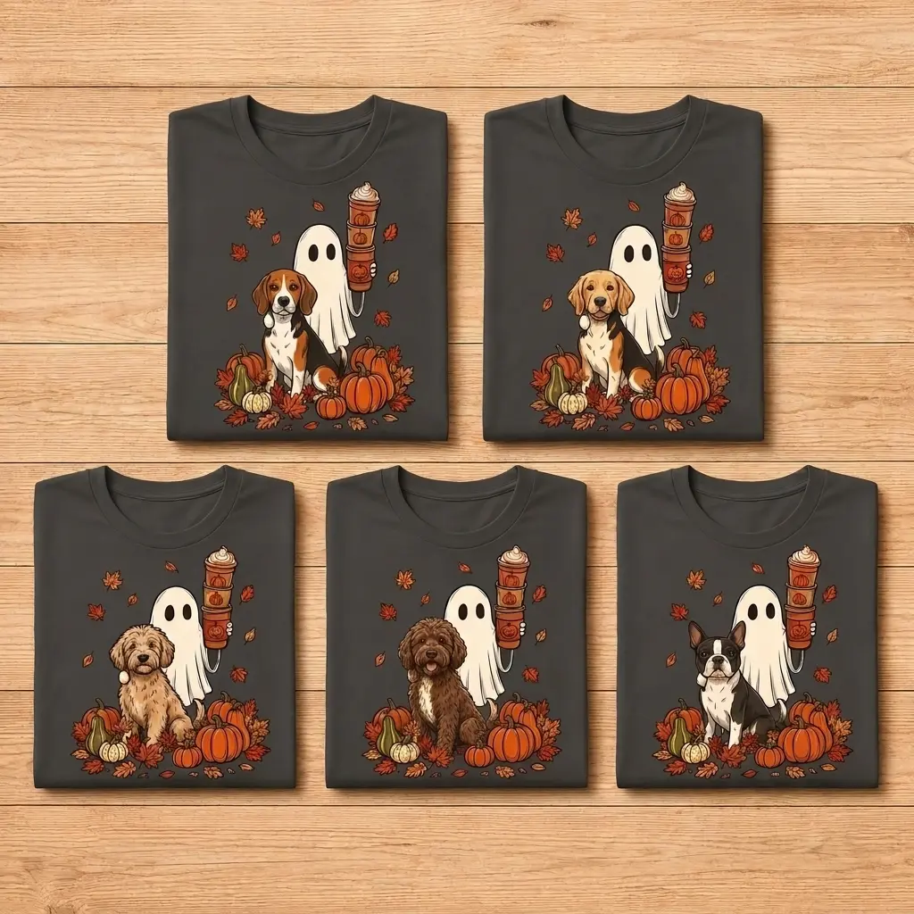 50+ Halloween Dog Lover Shirt, Ghost and Goldendoodle Pumpkin Shirt, Fall Pumpkin Spice Coffee Tee for Women